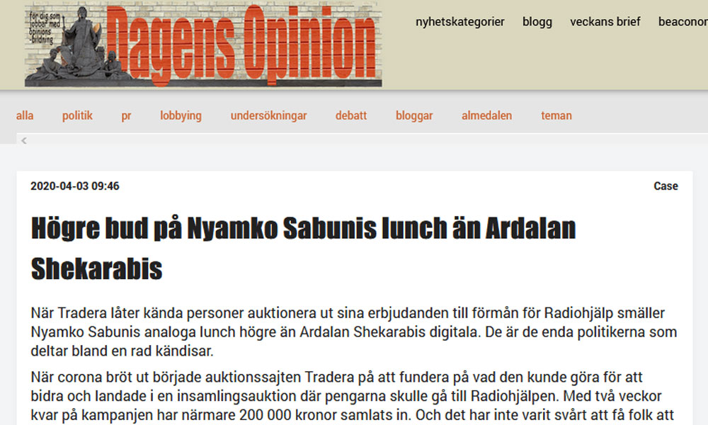 Högre bud på Nyamko Sabunis lunch än Ardalan Shekarabis